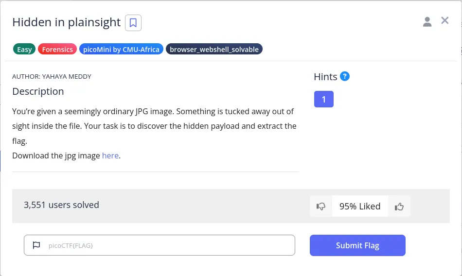 A screenshot of a Capture The Flag (CTF) challenge titled "Hidden in plainsight" in the Forensics category. The challenge is tagged as Easy, Forensics, picoMini by CMU-Africa, and browser_webshell_solvable.